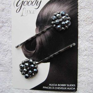 2 Goody Shiny Black Jewel Gem Round Design Metal Alicia Bobby Slide Hair Pins